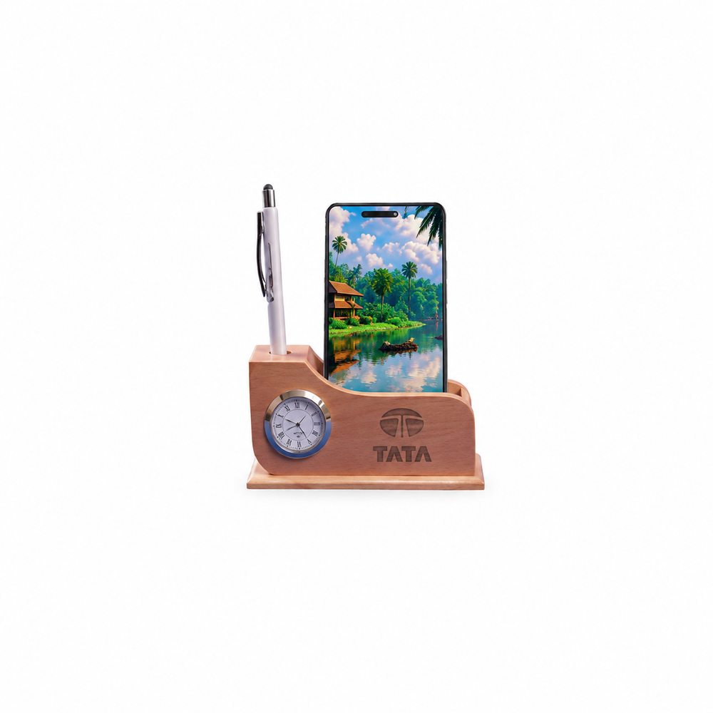 Wooden desk clock with pen stand
