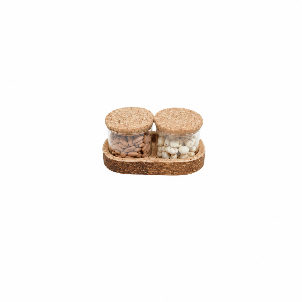 Set of 2 cork glass jar with tray