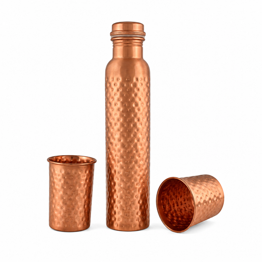 Hammered Copper Bottle & glass gift set 1000ml