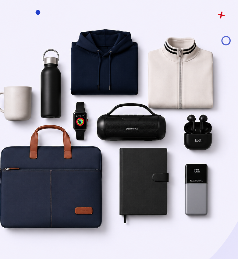Corporate hamper flat-lay - apparel, laptop bag, notebook and tech