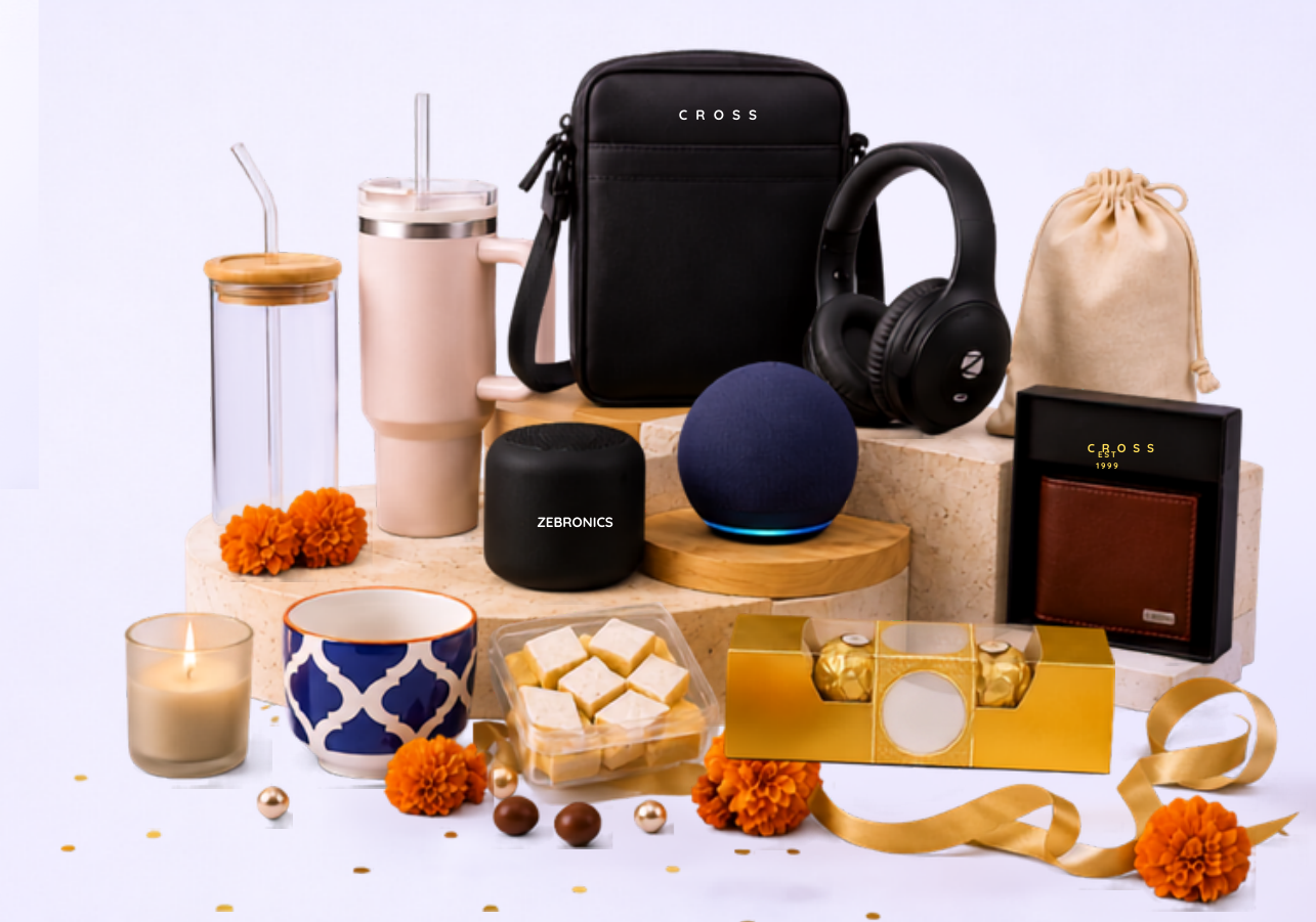 Diwali hamper collage - gifts, sweets, candles and gadgets